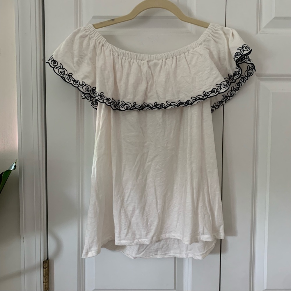 J. Crew Embroidered Off the Shoulder Ivory White Navy Top Medium - Picture 5 of 7